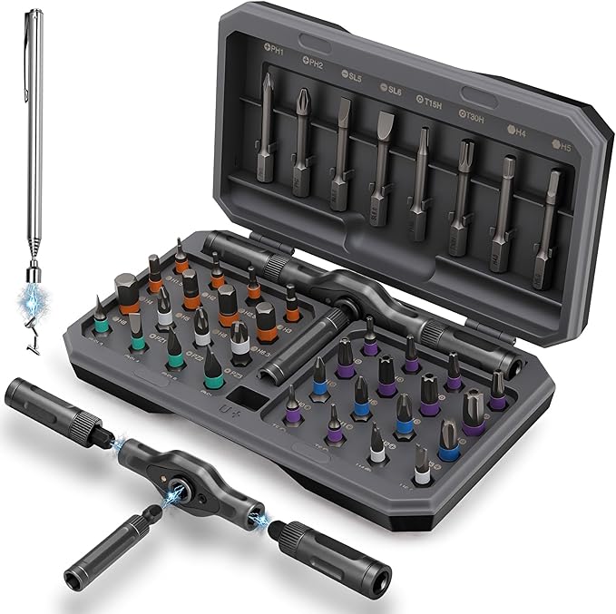 KELIN Magnetic Ratchet Screwdriver Set, 43 in 1 T Handle Ratchet Screwdriver Kits with S2 Steel Bits, Ratcheting Screwdriver for Home Daily Repair, DIY Projects, Ideal Gift for Men Husband