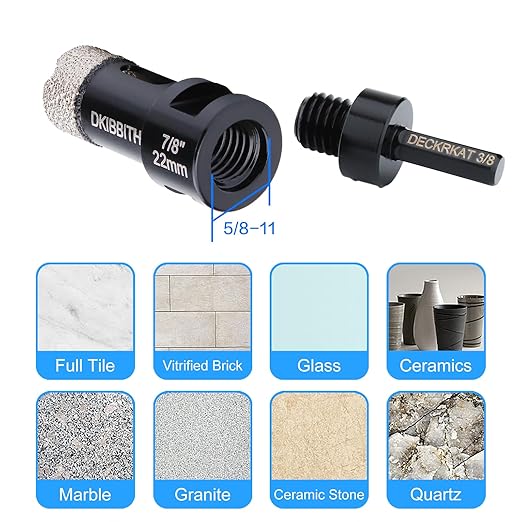 Dry Diamond Core Drill Bits 7/8 Inch, 22mm Tile Hole Saws for Porcelain Ceramic Tile Granite Marble Stone Brick, Diamond Hole Saw with 5/8-11 Thread and 3/8inch Hex Shank