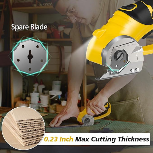 Cordless Electric Scissors, 4V Rechargeable Box Cutter & Cardboard Cutter with LED Light, Safety Lock - Rotary Cutter for Fabric, Leather, Carpet, Plastic, Crafting, Sewing with Storage Box(Yellow)