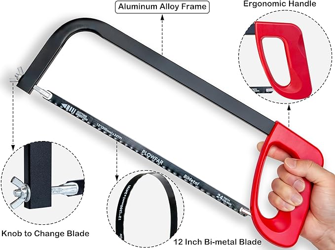 12??High-Tension Hacksaw Frame with 24 TPI Bi-metal Blade, Suitable for Metal, Wood, PVC, Carpentry