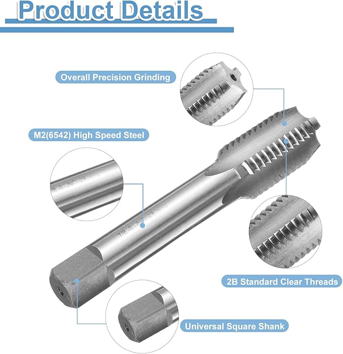 uxcell Hand Bottom Tap 7/8-9 UNC 2B Thread Bottoming Style Threading Taps High Speed Steel HSS6542 Straight Flutes Screw Tapping Tool
