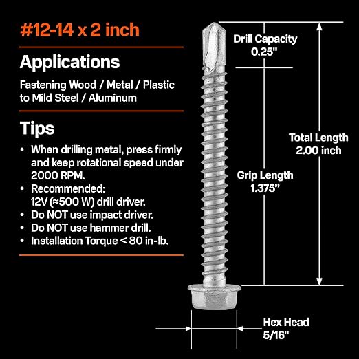 SUNKIN 56PCS Self Tapping Screws for Metal, Bi-Metal Stainless Steel 304 Rustproof, #12 x 2 Hex Head, Hardened Self Drilling Tip for Steel, Extreme Long Service Life