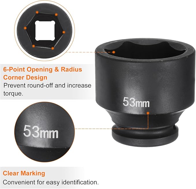 HARFINGTON 6-Point Impact Socket 3/4" Drive 53mm Metric 40Cr Alloy Steel Spindle Axle Nut Impact Socket