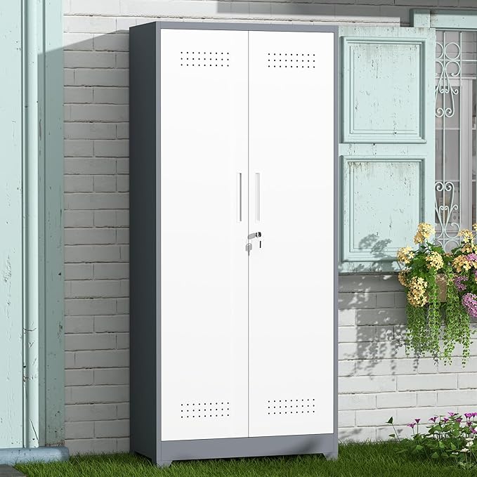 GREATMEET 72'' Metal Utility Storage Cabinet with Pegboard & Tool Hanging Bars, Double Door Cleaning Supply Organizer with Adjustable Shelves, Tall Garage Janitor Storage Cabinet, Gray White
