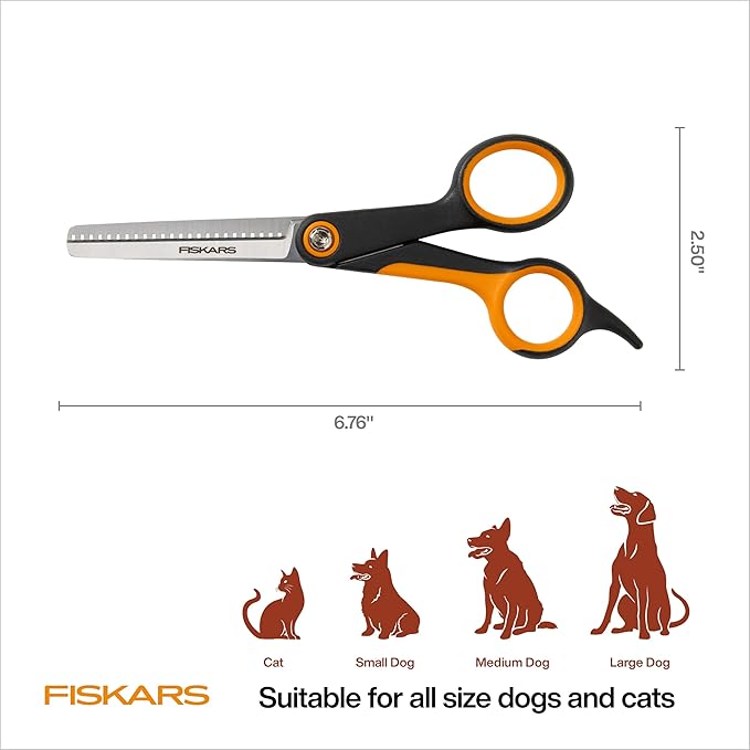 Fiskars Pet Scissors, Dog and Cat Grooming Scissors, Serrated Teeth for Thinning & SoftGrip Handle, Cat and Dog Supplies, 6.5?? Orange/Black, Blending Scissors