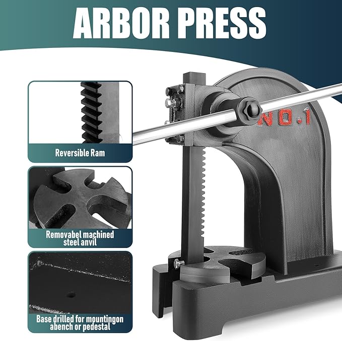 1 Ton Arbor Press with 3 Extra Drifts, Manual Arbor Press Reversible Ram, Heavy-duty Manual Desktop Arbor Press with Removable Steel Anvil 11.73" Height for Metal Cutting/Deforming (Black)