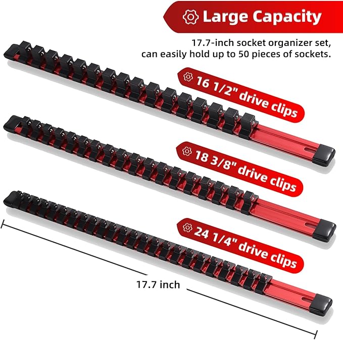 ALOANES 3-Piece Aluminum Alloy Socket Organizer, Heavy Duty Socket Racks, Socket Holder Kit for Toolbox Drawer Fit 1/2, 3/8, 1/4-Inch Socket Holder x 58 Clips (Red)