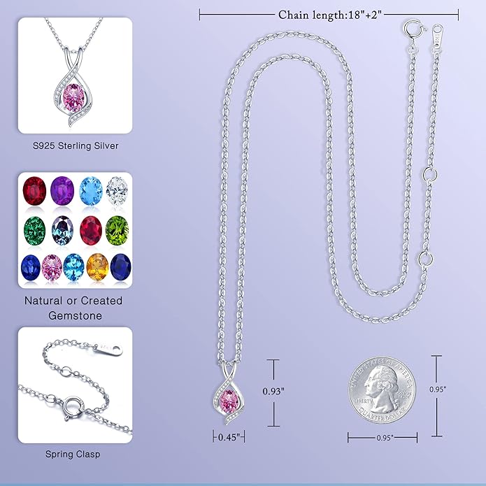 SMILEST Oval Sparkle Birthstone Pendant Necklace, 925 Sterling Silver Gemstone Pendant Anniversary Birthday Gifts for Women Wife Girlfriend Mom Grandma Birthstone Necklace for Women Jewelry Gifts
