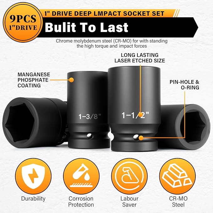 1" Drive Jumbo Impact Socket Set,9 PCS SAE (1to 2 INCH) Universal Hex Deep Socket Combination,CR-MO Alloy Steel,Heavy Duty Storage Case