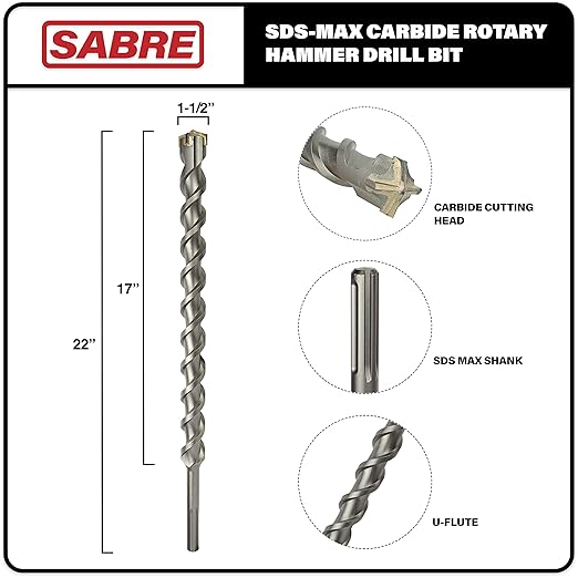 Sabre Tool 1-1/2 Inch x 22 Inch SDS MAX Rotary Hammer Drill Bit, U-Flute, Carbide Tipped for Brick, Stone, and Concrete (1-1/2" x 17" x 22" Double Flute) SDS MAX Hammer Drills ONLY