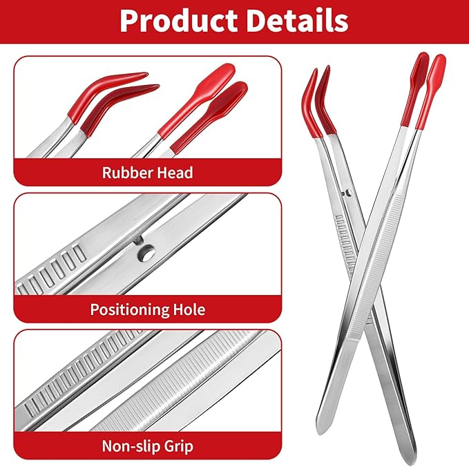 2Pcs Tweezers With Rubber Tips - Silicone Tipped Tweezer Set - Non Marring, Flat Tip, Long Tweezer for Stamp Coins, Jewelry, Crafts, Industrial & Electronic Tools (Red)