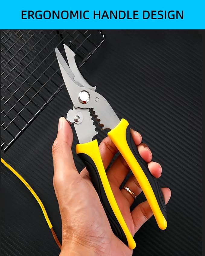 Scissors All Purpose Heavy Duty - Electrician Scissors for Cutting/Stripping Wires - Sharp Shears With Serrated Blades - Utility Snips Easy Cutting Carpet/Cardboard/Wires/Leather/Fabric (7.68In)