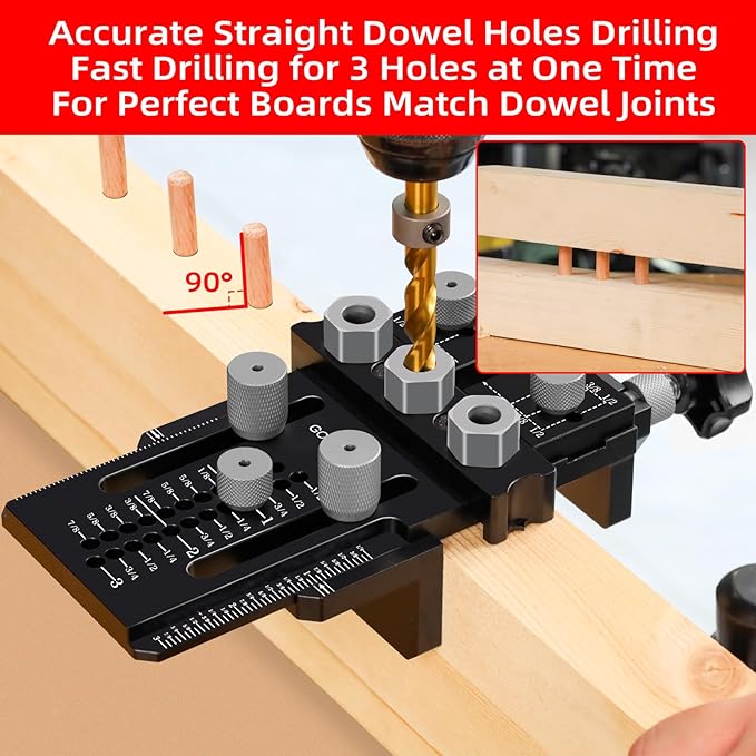 Dowel Jig Kit with Quick Positive Stop and Clamp, Adjustable Doweling Jig for Drill 1/4, 3/8 and 1/2 Inch Accurate Straight Dowel Holes, Fit Any Thickness Wood Joints, for Cabinet, Furniture