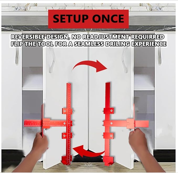 Cabinet Hardware Jig Punch Locator with Extended Ruler, Aluminum Alloy Cabinet Template Tool with Upgrade Box for Installation Handles Knob on Drawer Door Pulls (Red)