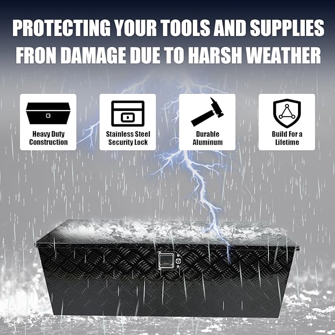 confote 44" Heavy Duty Aluminum Stripes Plated Tool Box Pick Up Truck Bed RV Trailer Toolbox Waterproof Square Storage Organizer with Side Handle, Lock with Keys -44"x 15"x 15"竊똁lack