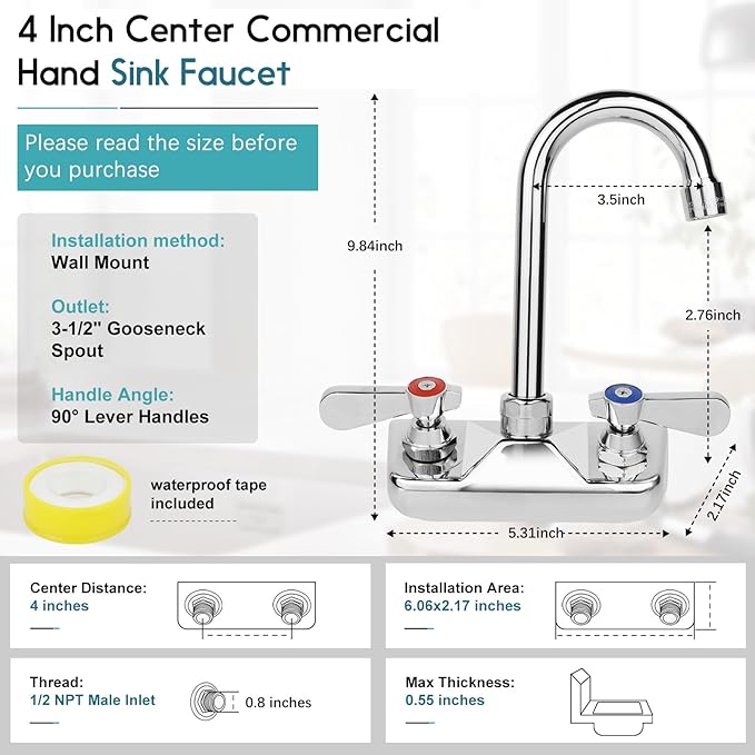 Leak-Free Commercial Hand Sink Faucet, 4 Inch Center Wall Mount Kitchen Sink Faucet for Bar Restaurant, Brass Constructed & Chrome Polished, with 3-1/2" Gooseneck Spout & Dual Lever Handles