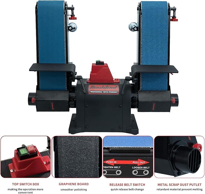 BUCKTOOL 1HP Benchtop Dual-Belt Sander, 4 x 36 in Sanding Belts with 80 & 120 Grits, 2160 FPM, 2-in-1 Worktables, Cast Aluminum Base, Knife Sharpening, Woodworking Bench Tool