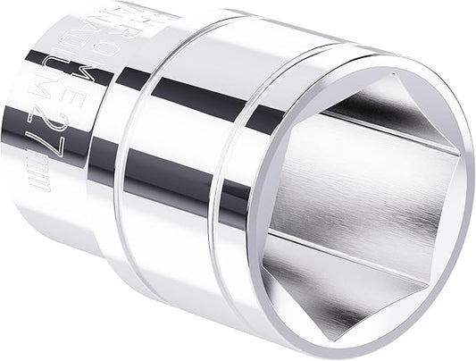 27mm Shallow Socket, 1/2 Inch Drive, 6-Point, Metric, Heat Treated CR-V Steel Short Sockets, Full Polishing, 1.7 Inch Length