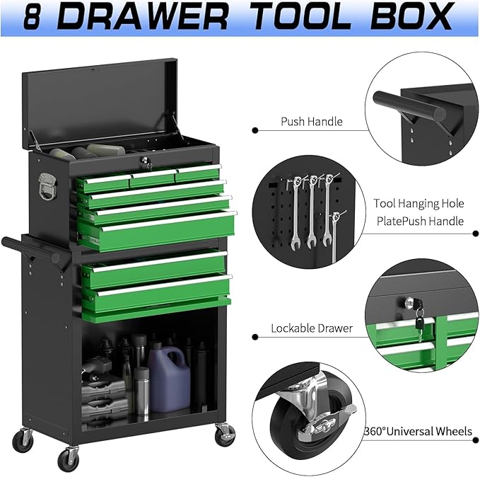 8-Drawer Rolling Tool Chest Tool Box,Removable Tool Storage Cabinet with 4 Wheels