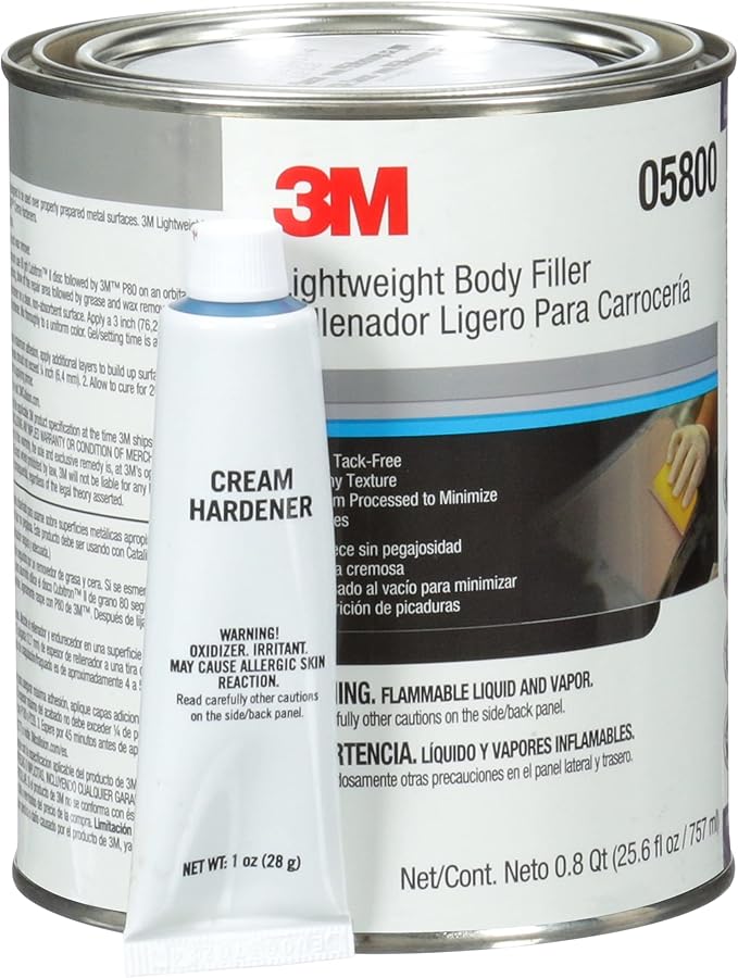 3M Lightweight Body Filler, 05800, 1 qt, White, Repairs Dents, Dings for Automotive