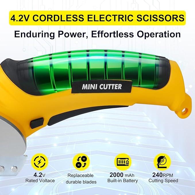 4V Cordless Electric Scissors Carpet Cutter Tool with Rechargeable & Safety Lock, Rotary Blade for Recycling Cutting Leather, Blanket, Gifts for Men Adult Crafter,Lightweight-Yellow