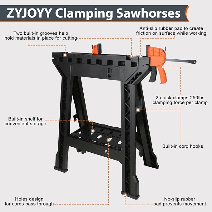 ZYJOYY Clamping Sawhorses 2 Pack Folding, Portable Heavy Duty Sawhorse with 1000 lbs Weight Capacity Total,Built-in Tool Tray and Cord Hooks