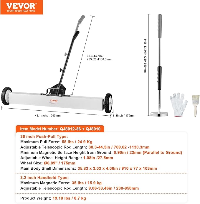 VEVOR 36-Inch Magnetic Sweeper with Wheels, 55 lbs Capacity, with Telescoping Magnetic Pickup Tool, Adjustable Handle, Magnetic Pickup Sweeper to Pick Up Nails and Screws, for Workshop, Garage, Yard