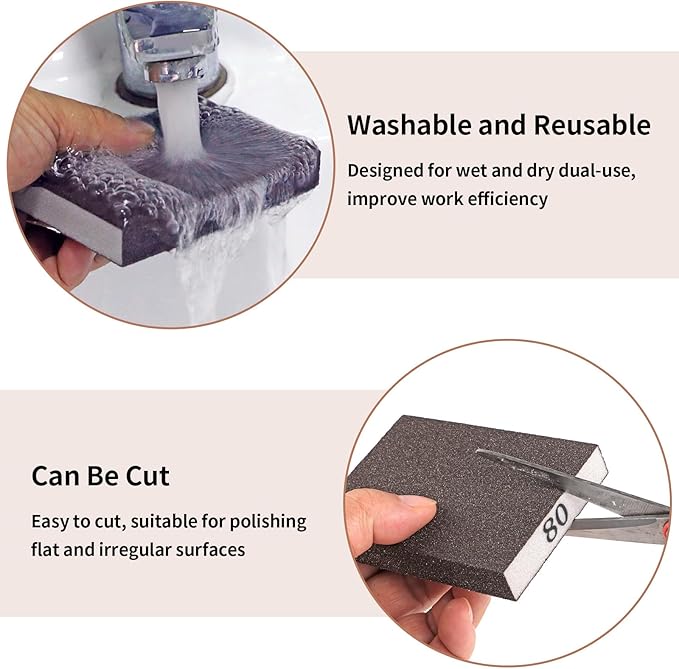 8 Pack Sanding Sponge, Sanding Blocks 80 Grit Assortment, Sand Paper for Wood Furniture, Sander Pads, Washable and Reusable Sandpaper for Drywall Metal Glasses Repair (80 Grit)
