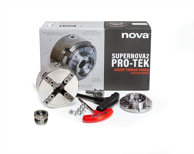 Nova 23262 Premier Pro-Tek Supernova 2 Wood Lathe Chuck Kit with Pro-Tek 2" Jaw Set, Woodworm Screw, & accessories, bundled with Nova IXNS 1" x 8tpi Insert