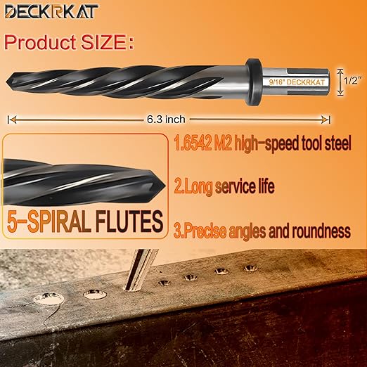 9/16" Reamer Drill Bit for Metal, M2 HSS Taper Reamer for Steel, Alloy, Wood, Plastic to Align, Enlarge Holes ??5-Spiral Flutes, 1/2" Non-Slip Shank, 14mm Car Reamer, Bridge Construction Reamer.
