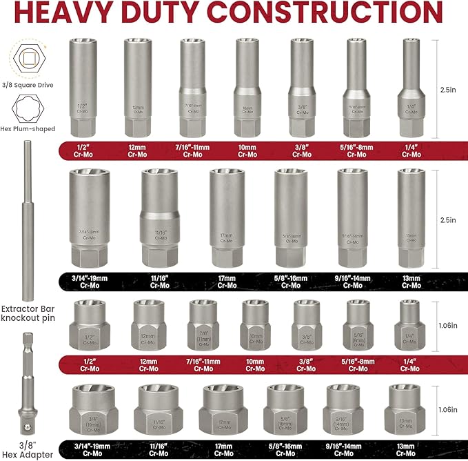 28Pcs Deep Bolt Extractor Set, with 3/8" Drive, Ez Out Broken Bolt Remover Kit, Spark Plug Extractor Socket Set, Easy Out Stripped Lug Nut Removal Tool for Removing Rounded, Rusted Bolts, Nuts & Screw