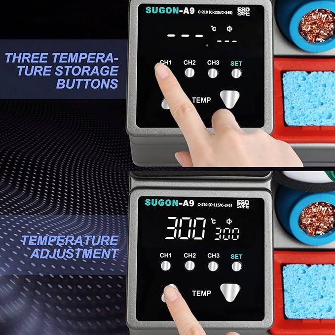 SUGON A9 210 Precision Soldering Station, Fast heating to 716째F in 2 seconds, 120W Soldering Iron Station kit with 6 Soldering Iron Tip, 3 Preset temperature, 212-842?? Soldering Iron Replacement Rack