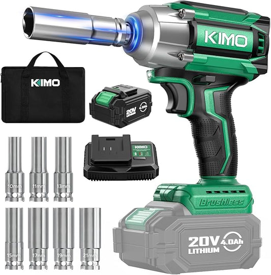 KIMO Cordless Impact Wrench, 550N.m/406ft-lbs, 7Sockets,3Inch Extension Bar, High Torque Brushless Wrench with 3/8" Chuck, 3000 RPM, 4000mAh Li-ion Battery, Charger, Power Impact Driver for Car