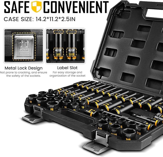 boen 3/8" Drive Impact Socket Set, 48-Piece Metric & SAE Size (8-22mm & 5/16"-3/4"), 6-Point Deep & Shallow Socket Set with Extension Bars, Adapter and Universal Joint, CR-MO Steel