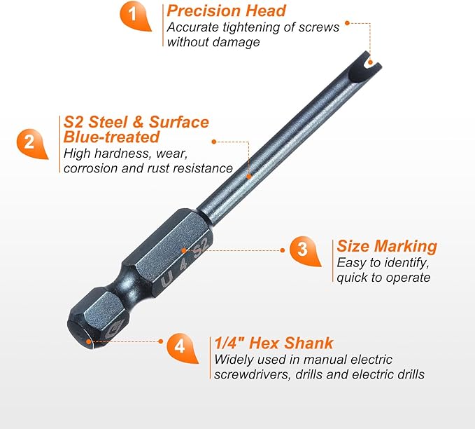 HARFINGTON 2pcs U-Type Screwdriver Bit 1/4" Hex Shank U4 Magnetic Head 2.6" Length S2 Steel U-Shaped Screw Driver Bit for Repair Work Electric Screwdriver, Blue