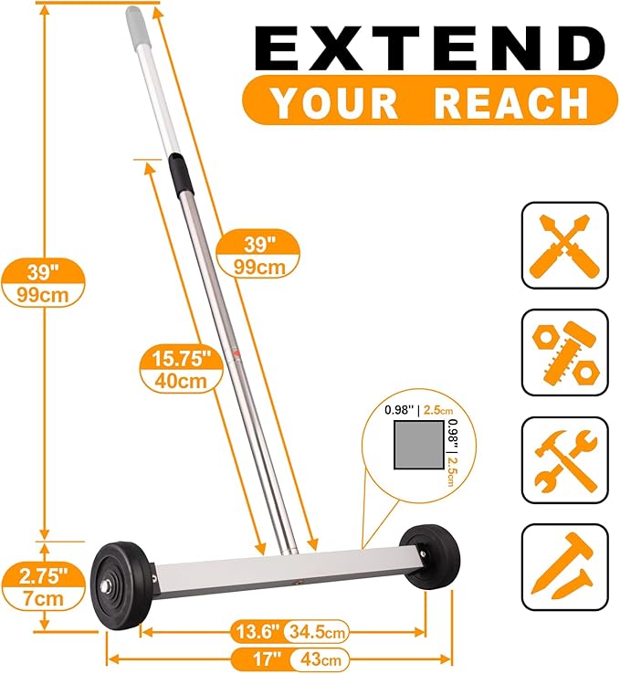 Toolwiz 17" Rolling Magnetic Sweeper 8.8lbs, with 16 lbs Telescopic Magnetic Pick Up Tools –Lightweight Pick-up Sweeper with Wheels for Nails, Screws & Metal Debris Home Use Workshop Garage