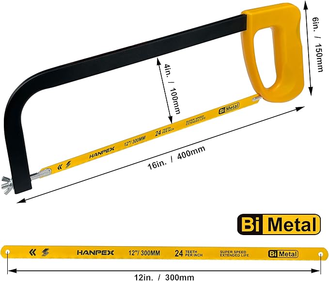 12in. High-Tension Hacksaw Frame with 10pcs 32TPI Extra Bi-metal Blades, Hand Saw Suitable for Metal, wood, PVC, Carpentry