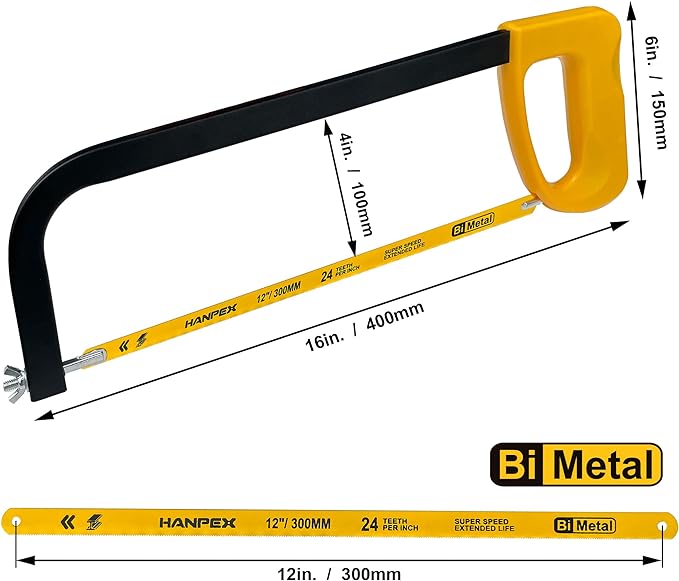12in. High-Tension Hacksaw Frame with 10pcs 24TPI Extra Bi-metal Blades, Hand Saw Suitable for Metal, wood, PVC, Carpentry