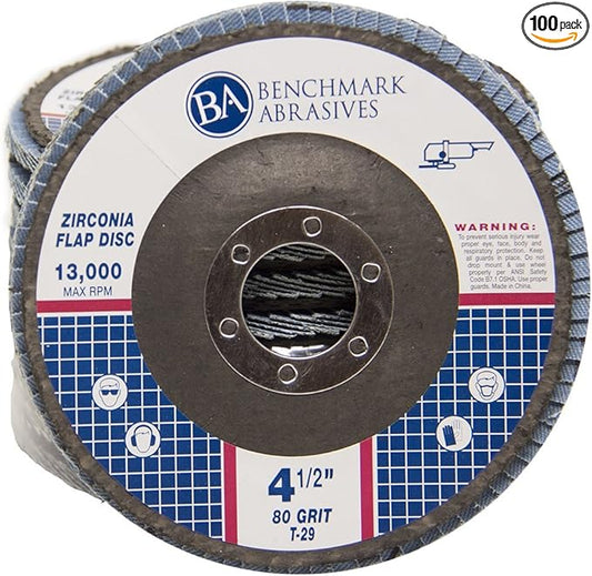 Benchmark Abrasives 4.5" x 7/8" Premium Zirconia T29 Angled Flap Discs 4 1/2 for Angle Grinder, Sanding Discs, Finishing, Rust, Stock Removal- Grinding Wheels 4 1/2 Inch (100 Pack) - 80 Grit
