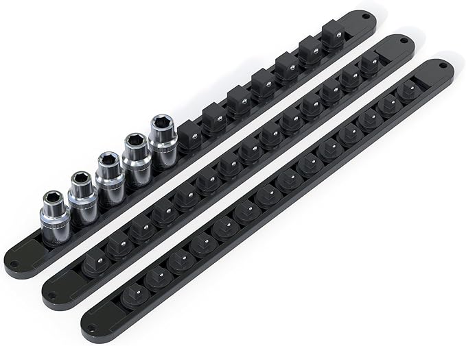 FivePears 3PCS 360째 Socket Organizer Twist Lock,3/8 1/4 1/2 Socket Storage Rails, Premium Quality Socket Holders for Tool Box 竊똖ool Carts竊똂ontains up to 40 Clips (Blue, Red and Black)