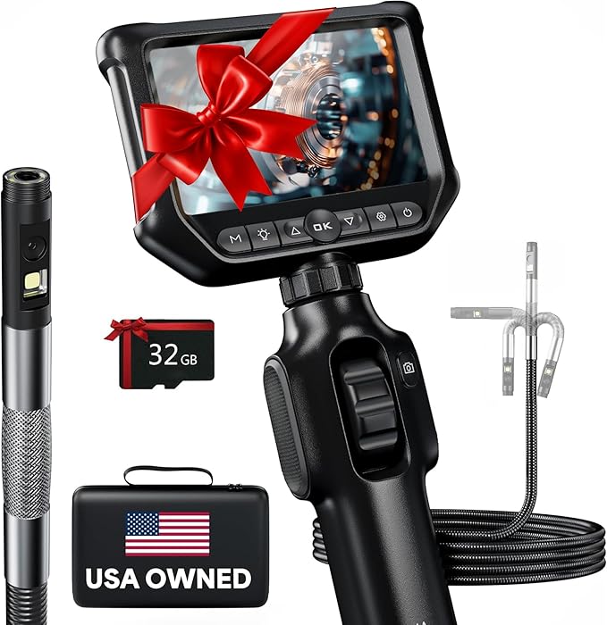 Two-Way Articulating Borescope 360째, Dual Lens Inspection Camera with Light, 6mm Lens Snake Camera for Mechanic Inspections, and Plumbing, .24in Borescope Automotive, Industrial Endoscope, 5ft