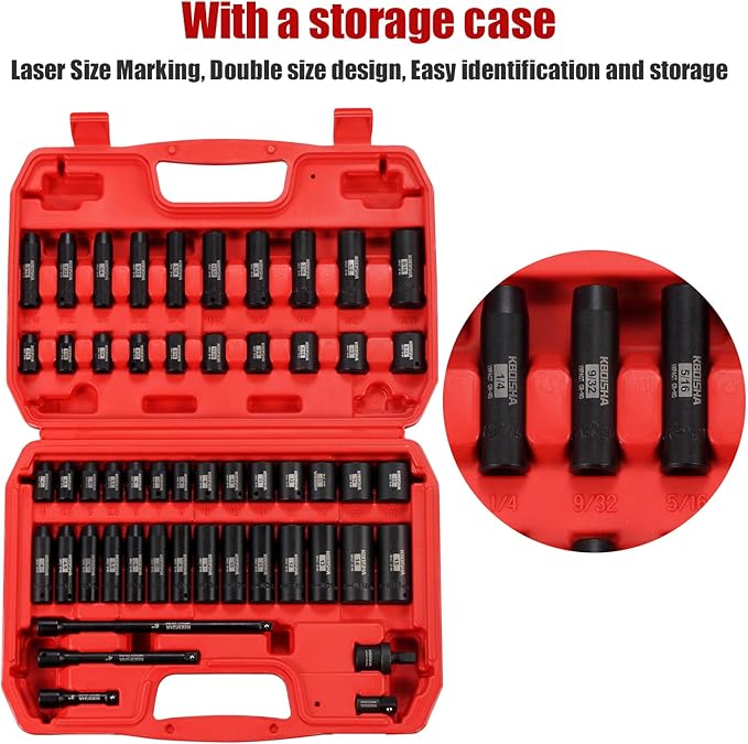 KBOISHA 1/4 Inch Drive Master Impact Socket Set, 53-Piece CR-MO Alloy Steel Socket Set SAE and Metric From 3/16 Inch - 9/16 Inch and 4mm - 15mm Standard and Deep Sockets with Heavy Duty Storage Case