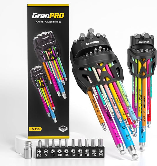 GRENPRO Allen Wrenches Sets, Hex Key Set, 33pcs Allan Wrench Sets Metric And Standard & SAE Color Coded Bike Wrench Tools Organizer With Bit Set And Adapter, Long Large Small Ball End Allen Wrench Set