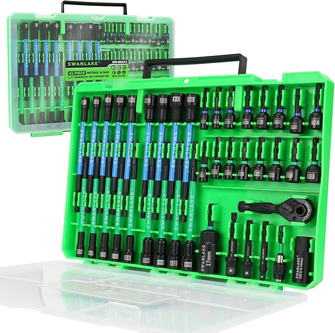 41-Piece Magnetic Nut Driver Set for Impact Drill Metric & SAE, Impact Socket Adapter, 2-IN-1 Ratchet Handle, Wing Nut Driver, Universal Socket, 1/4'' Quick-change Bit Holder