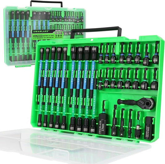 41-Piece Magnetic Nut Driver Set for Impact Drill Metric & SAE, Impact Socket Adapter, 2-IN-1 Ratchet Handle, Wing Nut Driver, Universal Socket, 1/4'' Quick-change Bit Holder