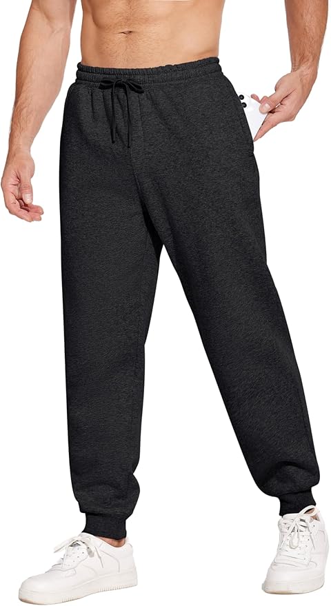 PINSPARK Men's Fleece Joggers with Zipper Pockets Tapered Sweatpants Cotton Sweat Pants for Mens Heavyweight Lounge Pants