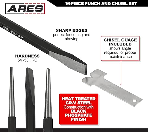 ARES 50005-16-Piece Punch and Chisel Set - Tapered, Pin, Center Punches & Cold Chisels for Various Applications