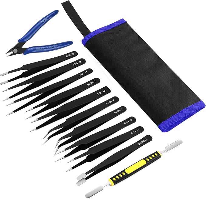 Ainiv Precision Tweezers Set, 11PCS Anti-Static ESD Tweezers Set with 1PCS Micro Wire Cutter for Modeling, Electronic Repair, Handicraft, Laboratory, Jewelry Manufacturing, Hobby etc
