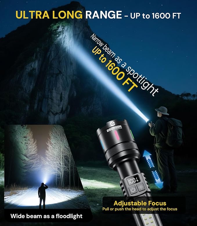 Esgreen LED Rechargeable Flashlights High Lumens 10000 2 Pack, Single Click Bright Flashlight Long Lasting 12H, Compact Handheld Flash Light USB C, White & Red Light, for Hiking Camping Gift