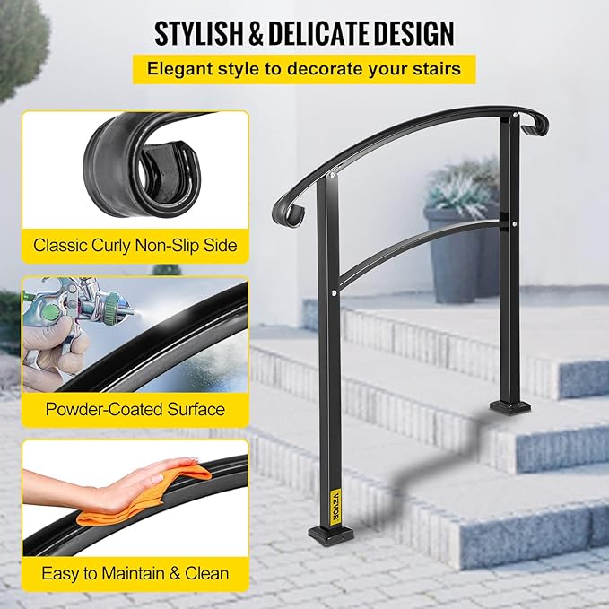 VEVOR Outdoor Steps Handrail, Black Arch#1, Adjustable Metal Staircase Railing, Thickened Porch & Deck Railing